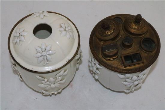 A pair of Saint-Cloud porcelain pots and one cover, mid 18th century height 11.5cm (4.5in.)